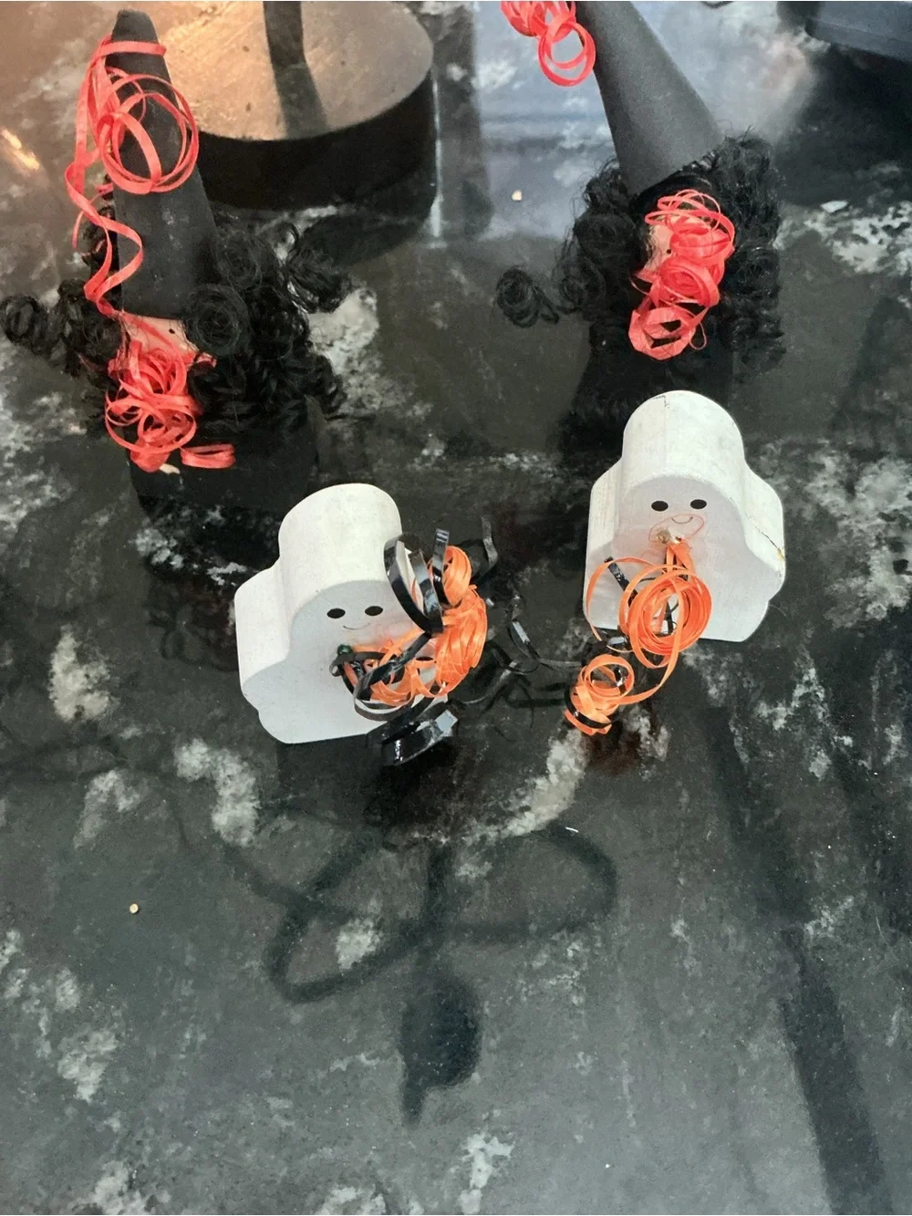 lot of two vintage Halloween trees with wood ornaments please see pictures